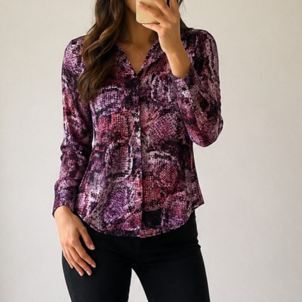 Guess Los Angeles 🌿Purple Pink Snakeskin Print Button Front Blouse Size Small